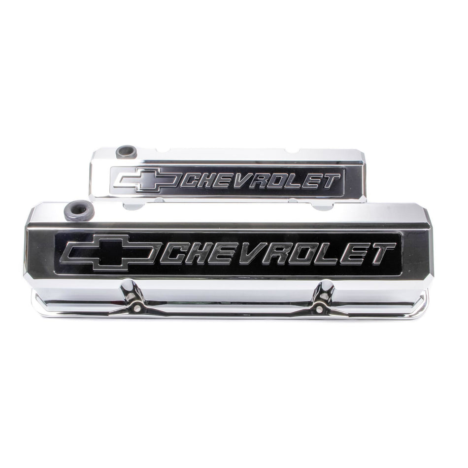 Proform Slant-Edge Tall Valve Cover - Baffled - Breather Hole - Raised Chevrolet Bowtie Logo - Chrome - Small Block Chevy - Pair