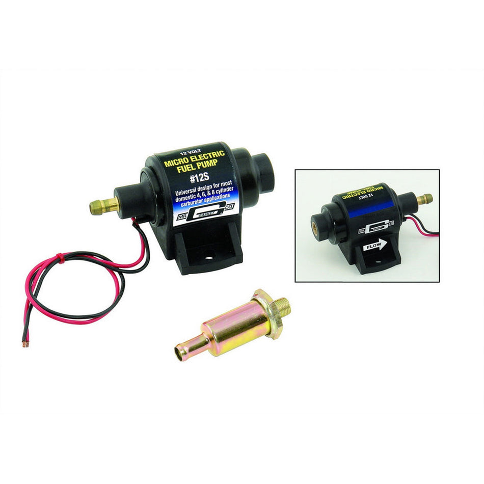 Mr. Gasket Micro In-Line Electric Fuel Pump - 35 gph Free Flow - 1/8 in NPT Female Inlet / Outlet - Filter - Gas