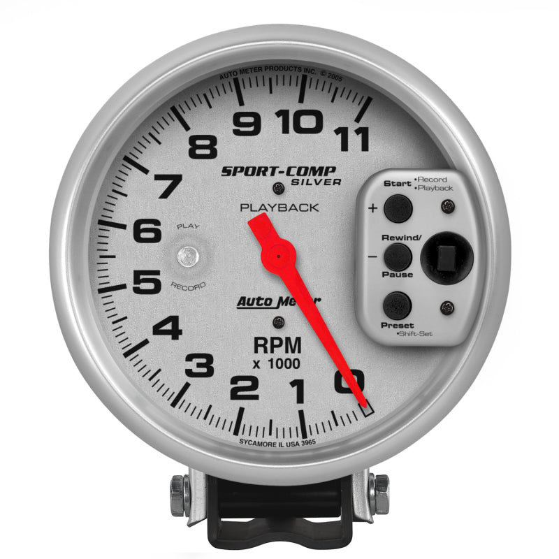 Auto Meter Ultra-Lite 11000 RPM Tachometer - Electric - Analog - 5 in Diameter - Pedestal Mount - Playback - Silver Face