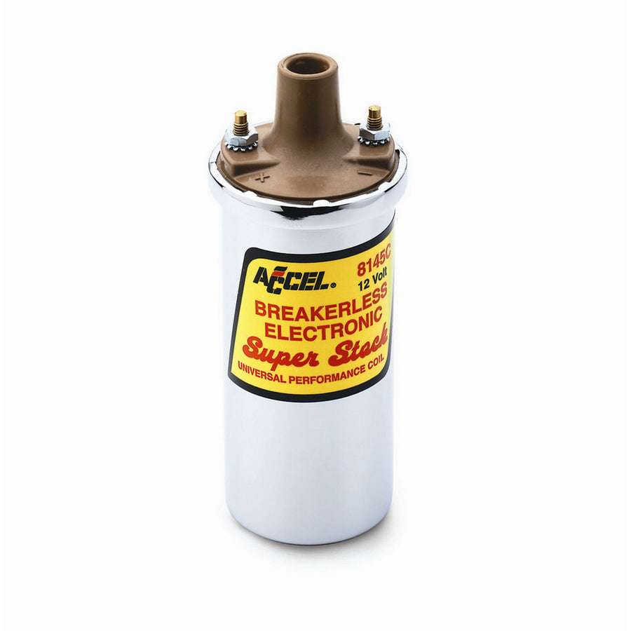 ACCEL Super Stock Canister Ignition Coil - Oil Filled - 0.700 ohm - Female Socket - 45000V - Chrome