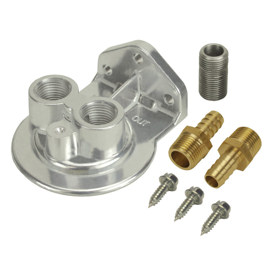 Derale Oil Filter Mount - Ports Up - 1/2 in NPT Female Ports - 3/4-16 in Center Thread - Polished - Universal