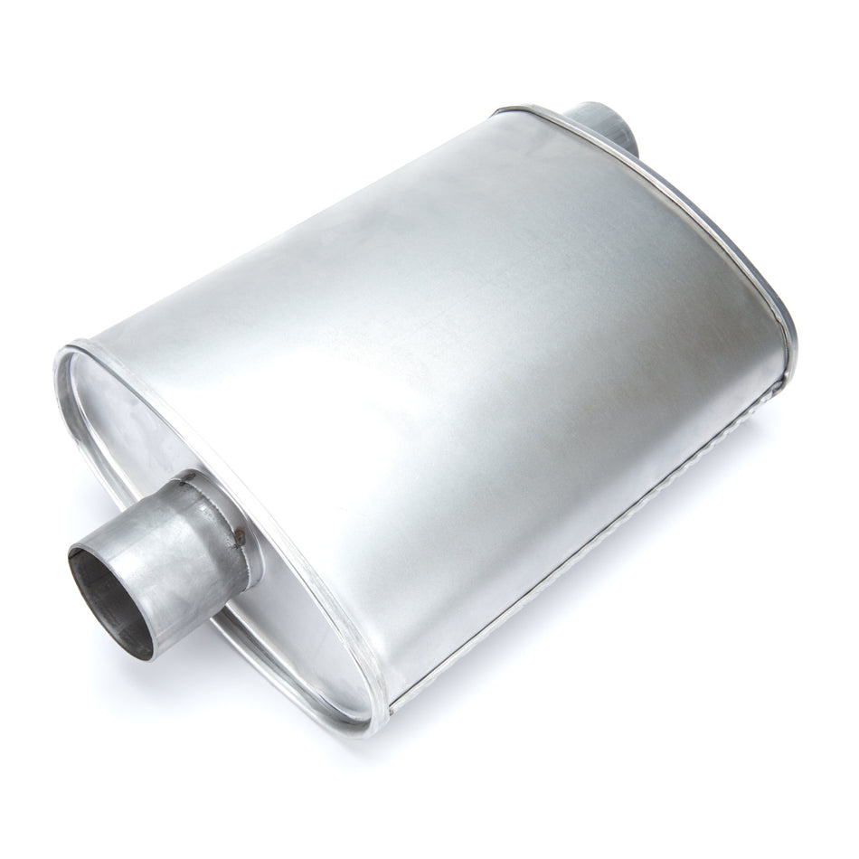 Magnaflow Rumble Muffler - 2-1/2 in Offset Inlet - 2-1/2 in Center Outlet - 14 in Oval Body - 18-1/2 in Overall Length - Aluminized