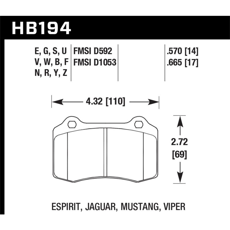 Hawk HPS Compound High Torque Rear Brake Pads - Aston Martin / Ferrari / GM / Hyundai / Jaguar / Lotus / Mopar / Volvo - Set of 4