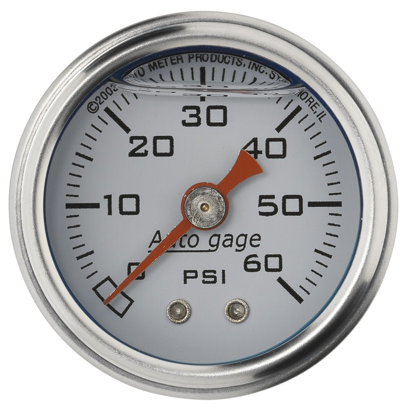 Auto Meter Auto Gage 0-60 psi Pressure Gauge - Mechanical - Analog - 1-1/2 in Diameter - Liquid Filled - 1/8 in NPT Port - White Face