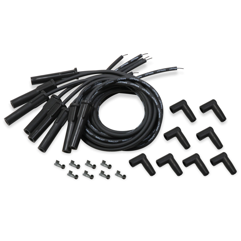 Holley EFI Spiral Core Spark Plug Wire Set - 8.2 mm - Black - Straight/90 Degree Plug Boots - Socket Style - Cut-To-Fit - V8