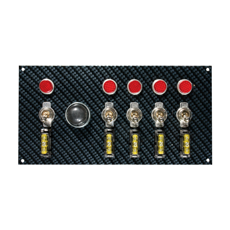Moroso Dash Mount Switch Panel - 7.75 x 4 in - 5 Toggles / 1 Momentary Button - Fused - Indicator Lights - Carbon Fiber Look