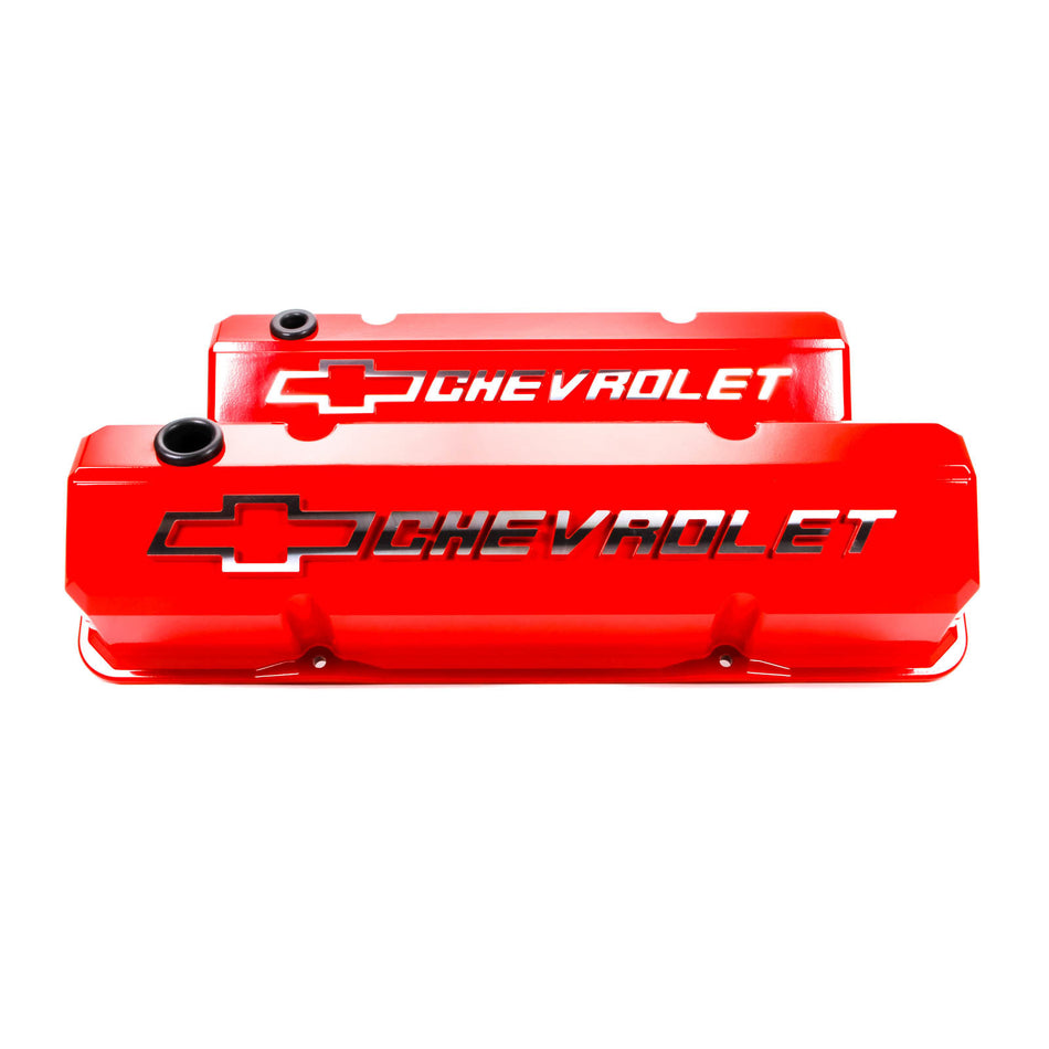 Proform Performance Parts Slant-Edge Valve Covers Tall Baffled Breather Hole - Raised Chevrolet Bowtie Logo - Red