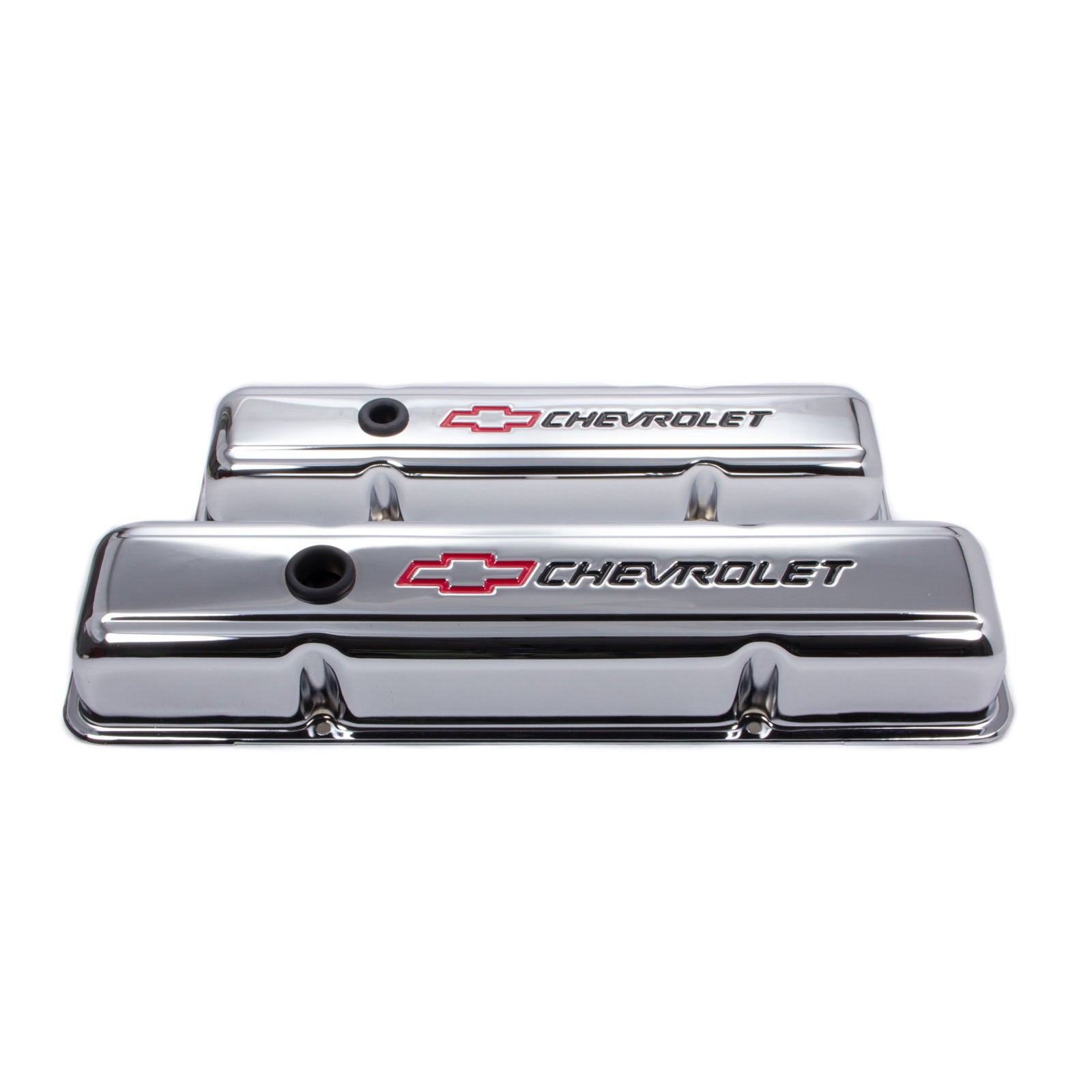 Proform Short Valve Cover - Baffled - Breather Hole - Chevrolet Bowtie Logo - Chrome - Small Block Chevy 141-899 - Pair