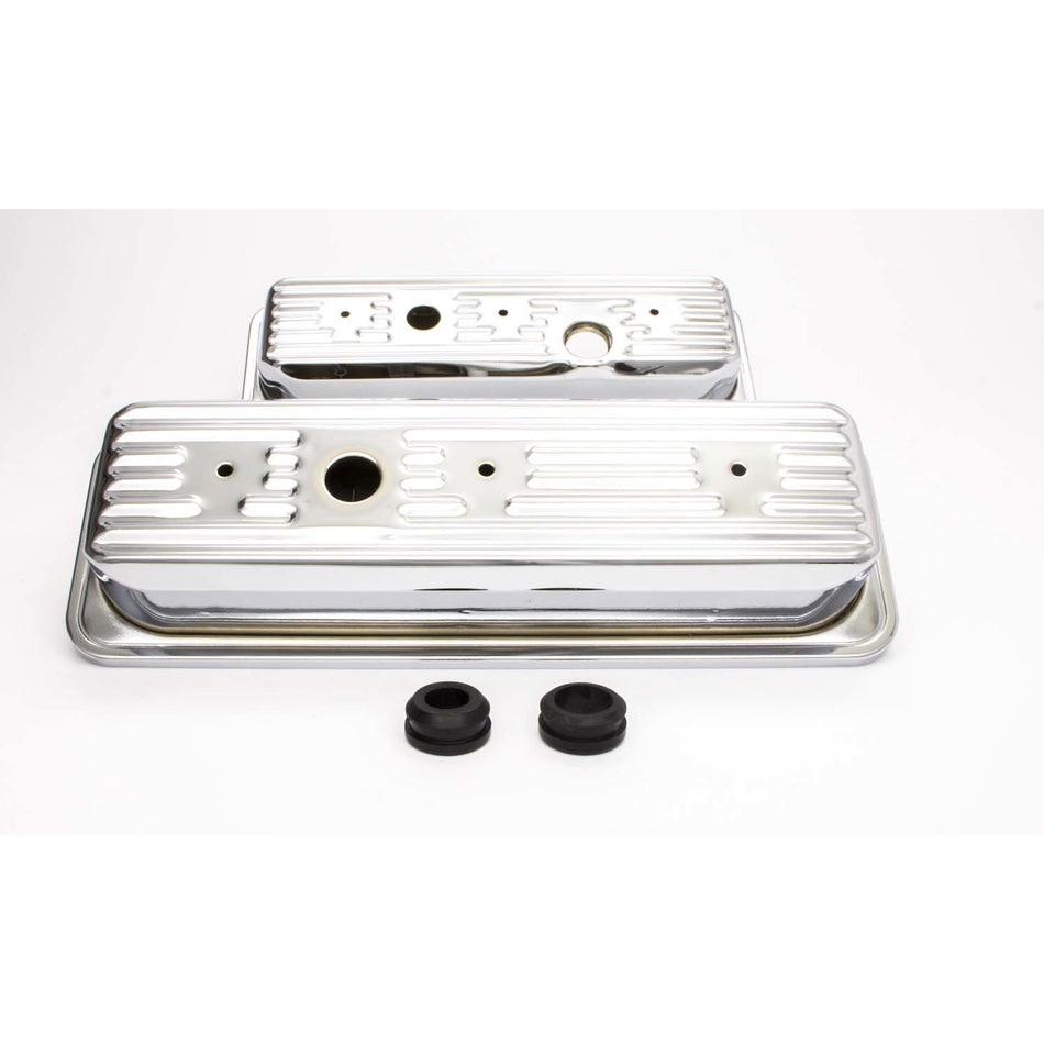 Racing Power Short Valve Cover - 2.5 in Height - Baffled - Breather Holes - Grommets Included - Chrome - GM V6 - Pair