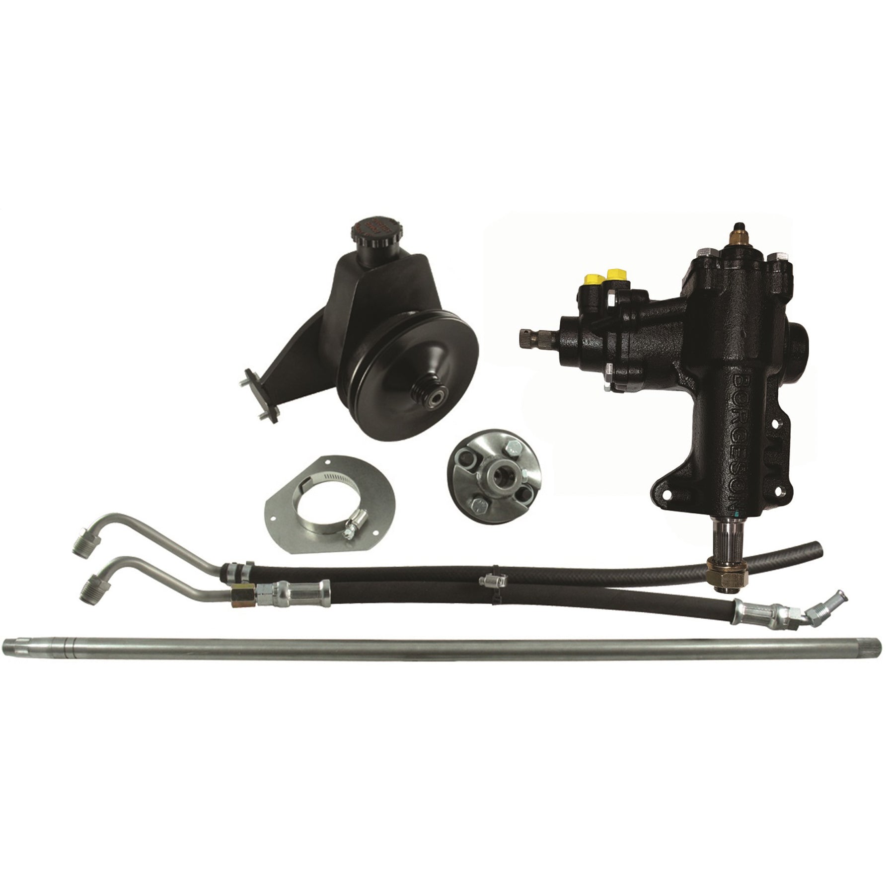 Borgeson Power Steering Box 16 to 1 Ratio Brackets/Joints/Lines/Pump Iron - Ford Inline-6