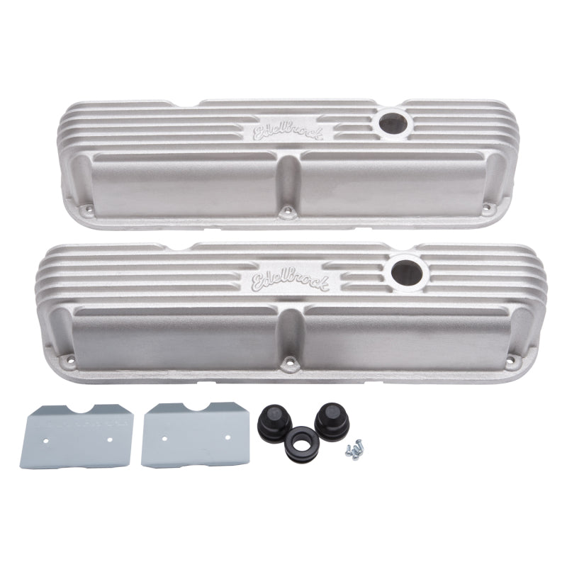 Edelbrock Classic Valve Covers Short Breather Hole Edelbrock Logo - Natural - Small Block Mopar