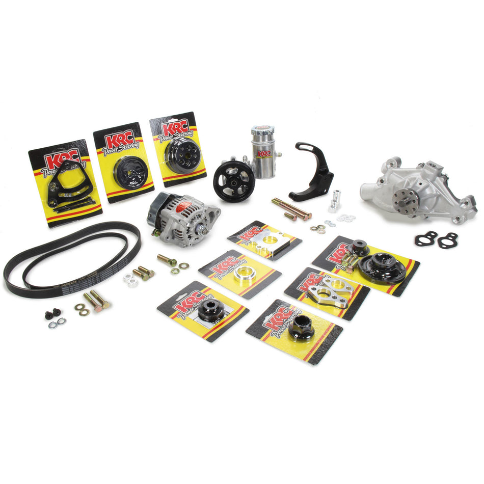 KRC Pulley Kit - Pro Series - 3 and 6 Rib Serpentine - Block Mount PS Pump / Denso Alternator / Hardware / PS Tank / Water Pump Included - Aluminum - Black Anodized - SB Chevy