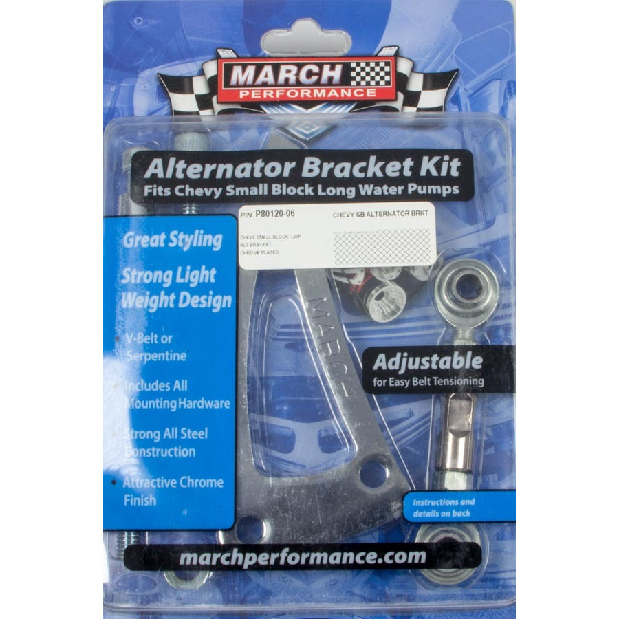 March Performance Passenger Side Alternator Bracket Mid Mount Steel Chrome - Long Water Pump