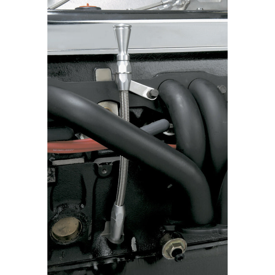 Lokar Engine Oil Dipstick - Block Mount - Braided Stainless Housing - Clear Anodized - Small Block Chevy ED-5001