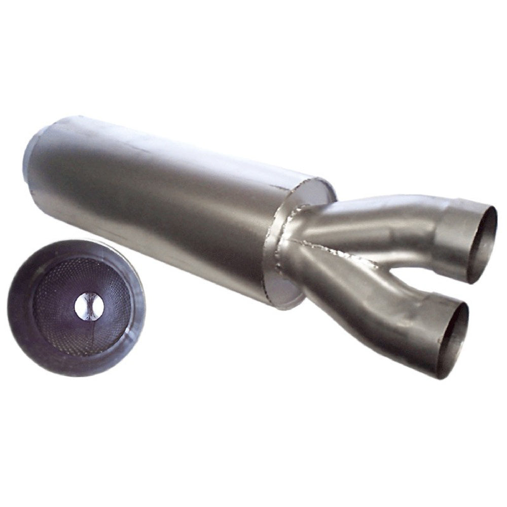 Howe Muffler - Dual 3 in Inlets - 5 in Outlet - 7 in Diameter Body - 21 in Long - Gray