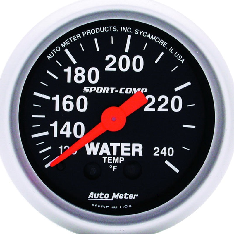 Auto Meter Sport-Comp 120-240 Degree F Water Temperature Gauge - Mechanical - Analog - Full Sweep - 2-1/16 in Diameter - Black Face 3332