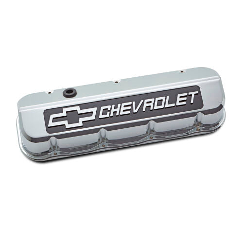 Proform Slant-Edge Tall Valve Cover - Baffled - Breather Hole - Blackfield Chevrolet Logo - Chrome - Big Block Chevy (Pair)