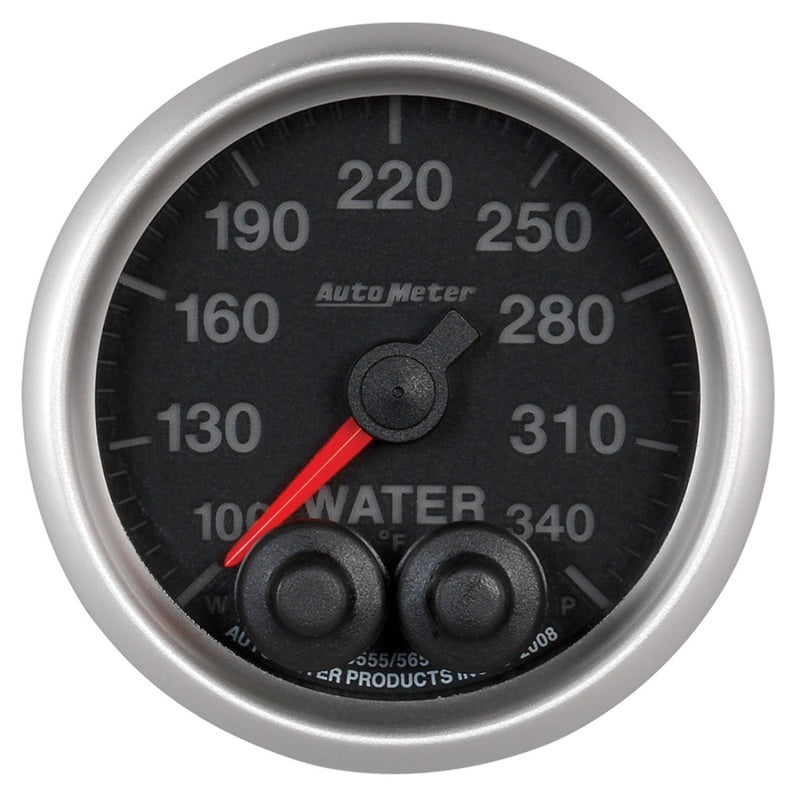 Auto Meter Elite Series 100-340 Degree F Water Temperature Gauge - Electric - Analog - Full Sweep - 2-1/16 in Diameter - Peak and Warn - Black Face