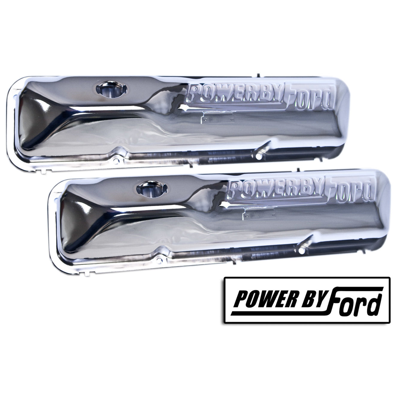 Scott Drake Stock Height Valve Cover - Chrome - Powered By Ford Text Logo - FE-Series (Pair)
