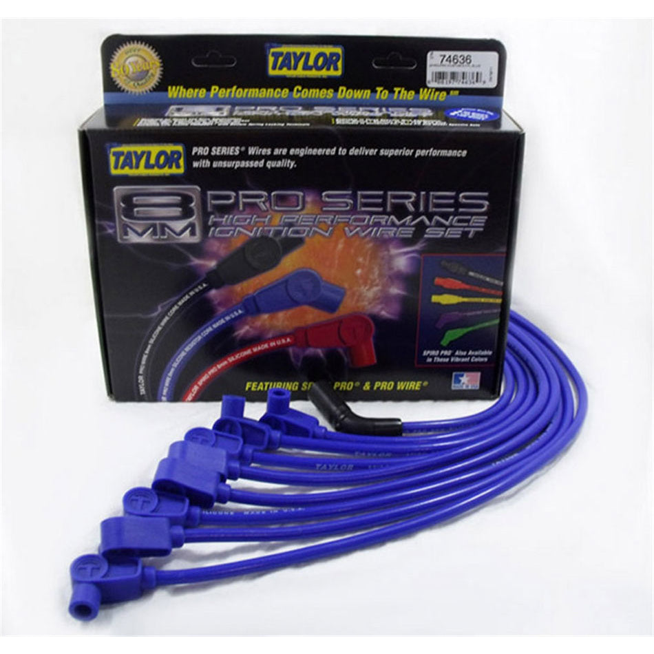Taylor Spiro-Pro Spiral Core 8 mm Spark Plug Wire Set - Blue - 90 Degree Plug Boots - HEI Style Terminal - GM 5.0 L / 5.7 L