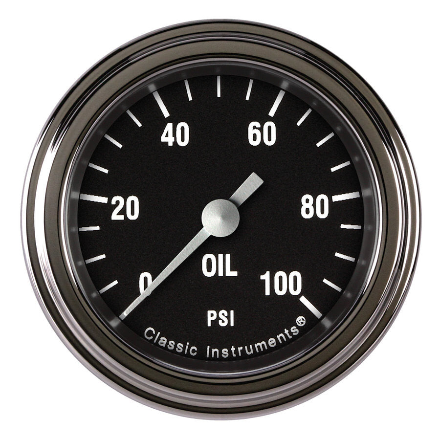 Classic Instruments Hot Rod Oil Pressure Gauge - 0-100 psi - Full Sweep - 2-1/8 in Diameter - Low Step Stainless Bezel - Black Face