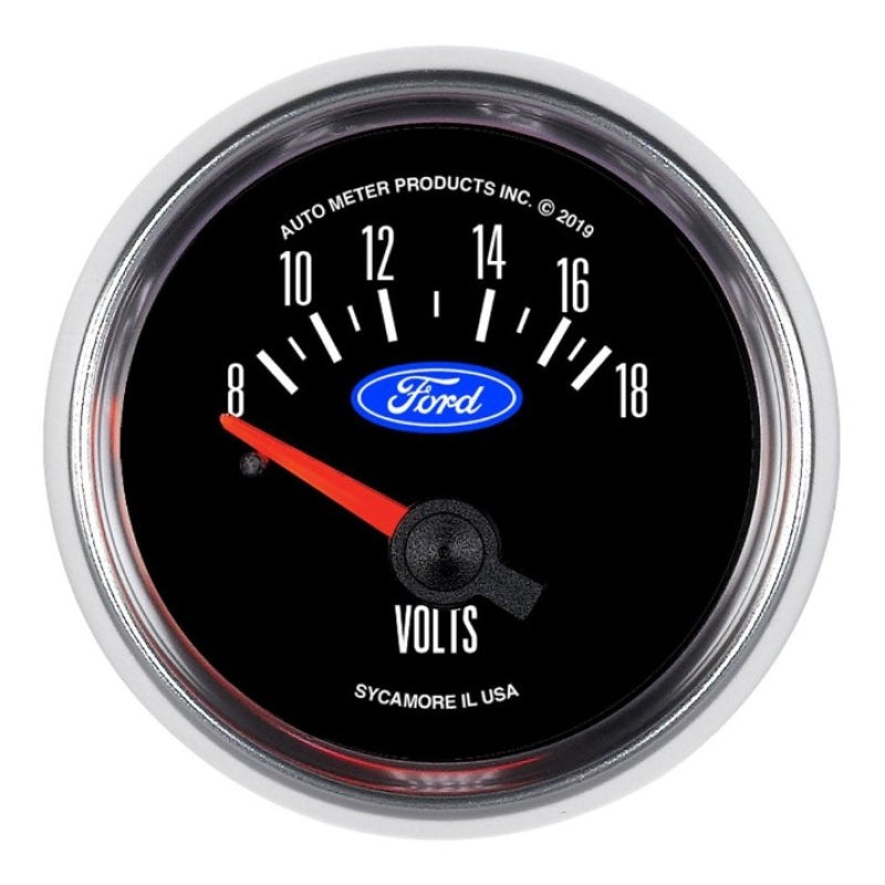 Auto Meter Voltmeter - Electric - Analog - Short Sweep - 2-1/16" Diameter - Ford Logo - Black Face