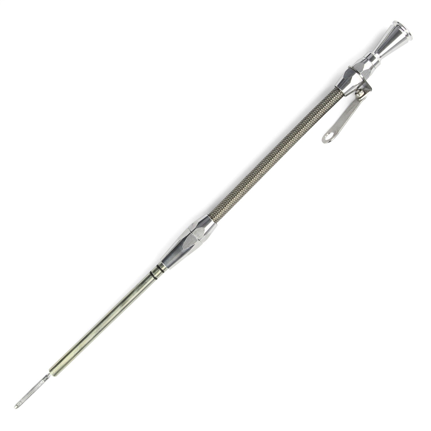 Lokar Engine Oil Dipstick - Block Mount - Braided Stainless Housing - Clear Anodized - Small Block Chevy ED-5001