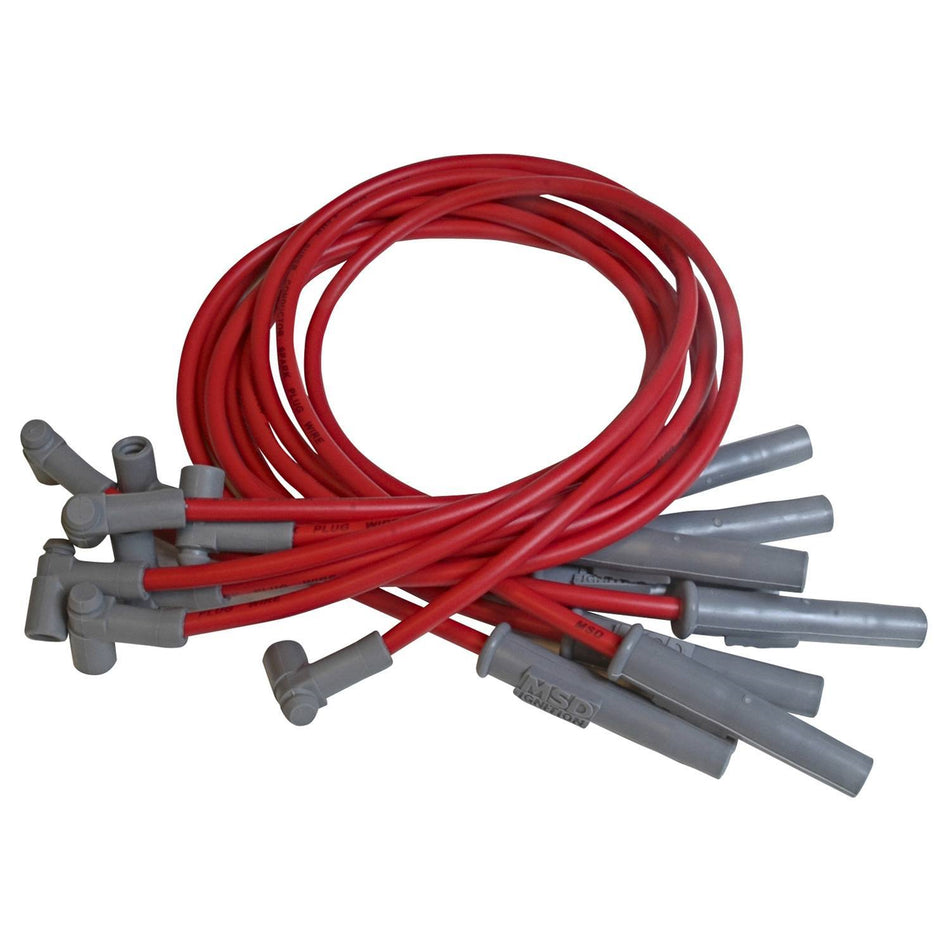 MSD Super Conductor Spiral Core 8.5 mm Spark Plug Wire Set - Red - Straight Plug Boots - HEI Style Terminal - Small Block Mopar 32749