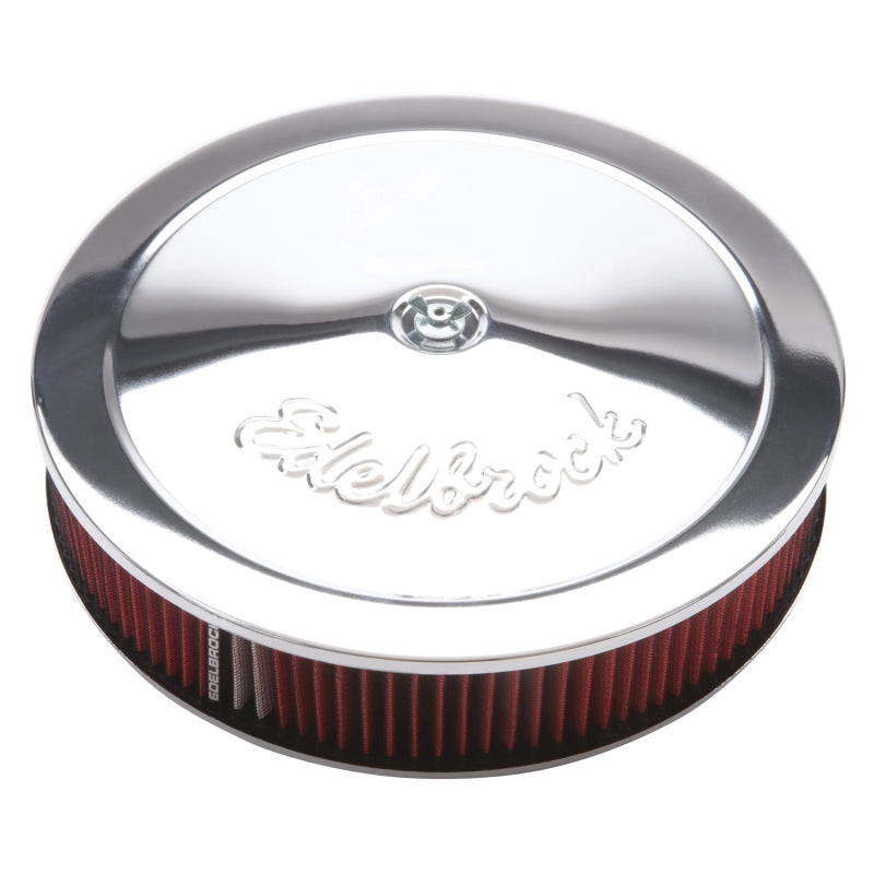 Edelbrock Pro-Flo Air Cleaner Assembly - 14 in Round - 3 in Tall - 5-1/8 in Carb Flange - Drop Base - Red Cotton - Chrome