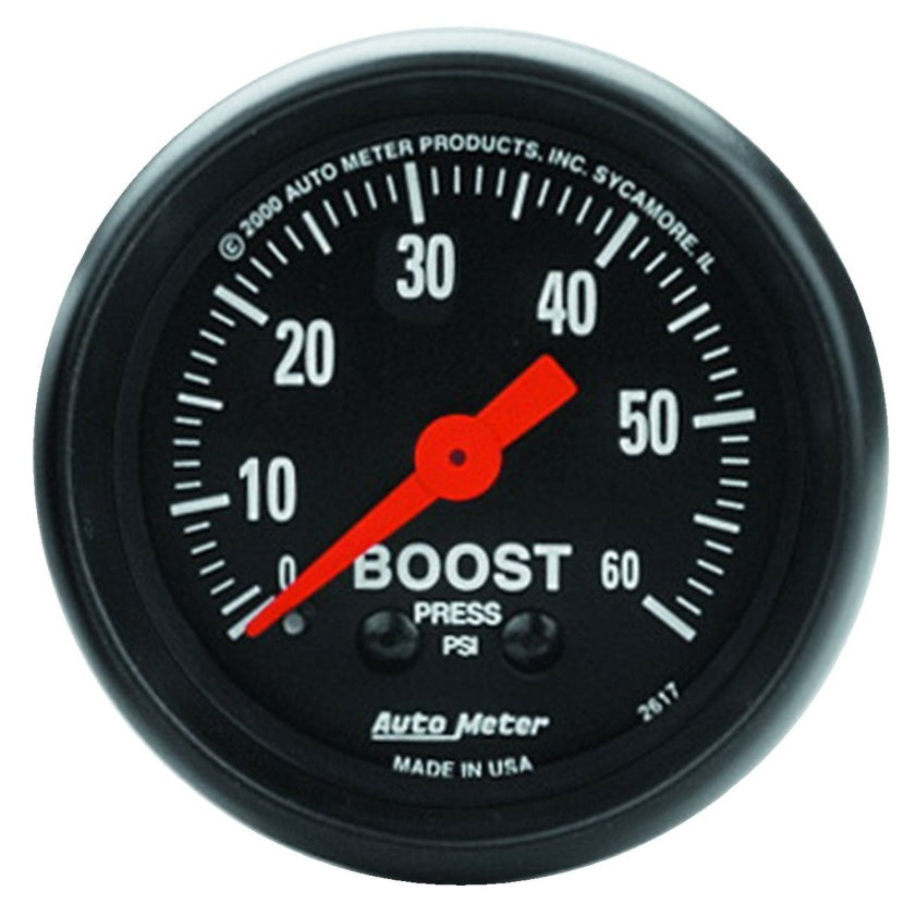 Auto Meter Z Series 0-60 psi Boost Gauge - Mechanical - Analog - 2-1/16 in Diameter - Black Face