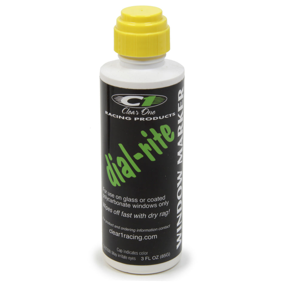 Clear 1 Racing Dial-Rite Dial-In Marker Window Yellow Safe on Glass/Polycarbonate/Rubber - 3 oz Bottle/Applicator