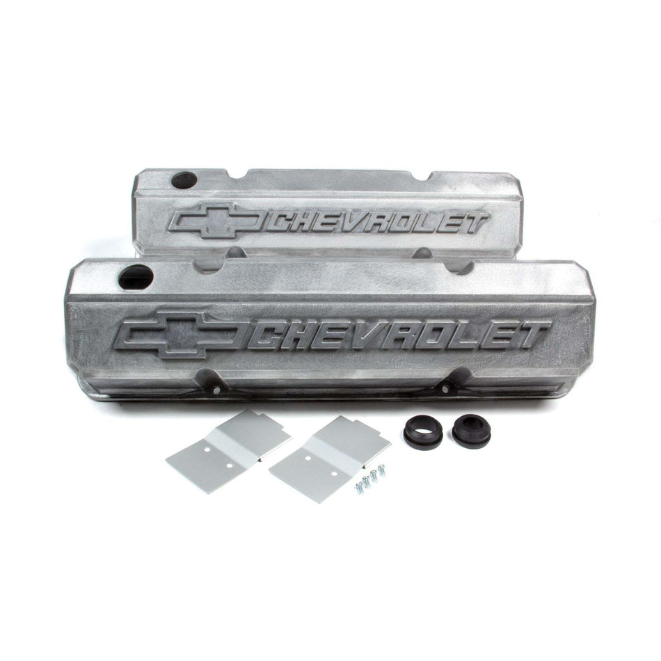 Proform Performance Parts Slant-Edge Valve Covers Tall Baffled Breather Hole - Raised Chevrolet Bowtie Logo - Natural