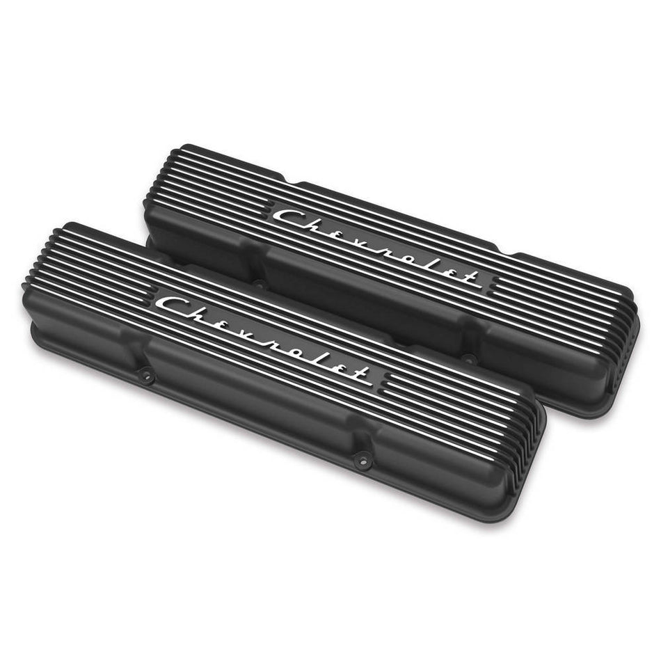 Holley Vintage Series Tall Valve Cover - Finned - Chevy Logo - Satin Black - Small Block Chevy - Pair