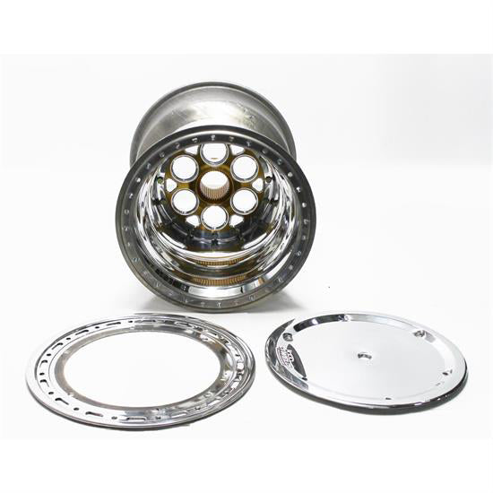 Weld Magnum Sprint Spline Wheel - 15" x 18" - 42 Spline - 5" Back Spacing - Polished - Gold Center - Outer Bead-Loc w/ Cover