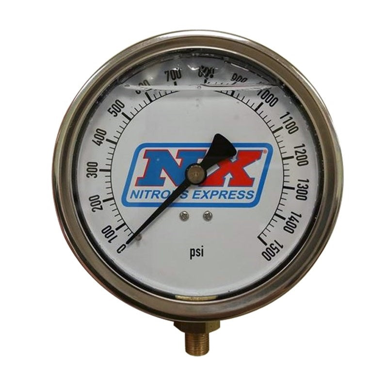 Nitrous Express Nitrous Pressure Gauge - 0-1500 PSI - Mechanical - Analog - Liquid Filled - 4" Diameter - 1/8" NPT Male Fitting - White Face