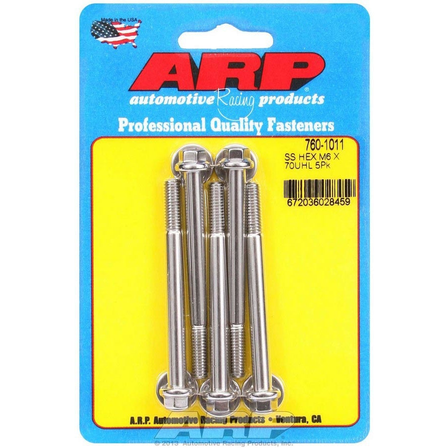 ARP Hex Head Bolt - 6 mm x 1.00 in Thread - 70 mm Long - 8 mm Head - Stainless - Polished (Set of 5)