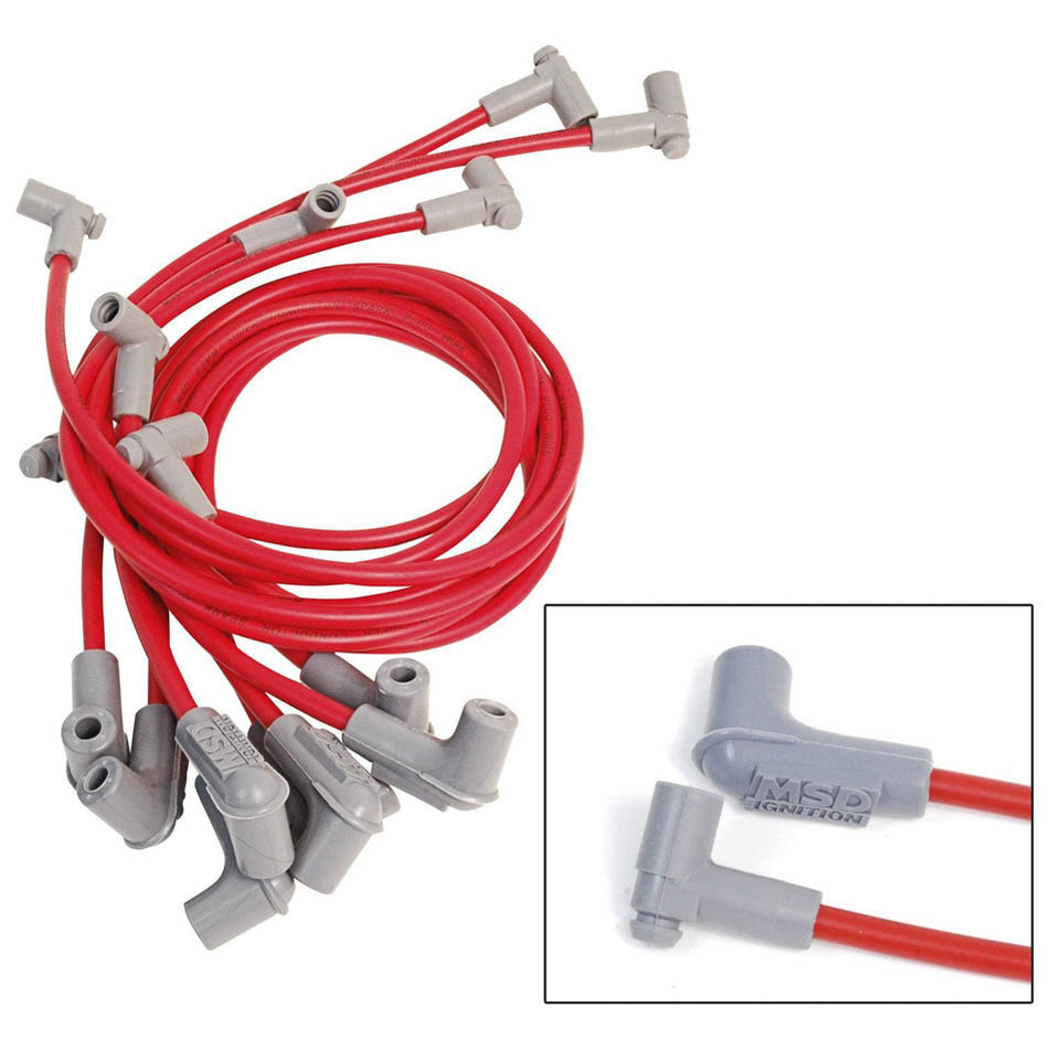 MSD Race Tailored Super Conductor Spark Plug Wire Set - (Red) - Fits All SB Chevy w/ Low Profile Distributor (#MSD84697/84997/8558) w/ Wires Below Headers, Exhaust Manifold - 90 Distributor Boots & Terminals
