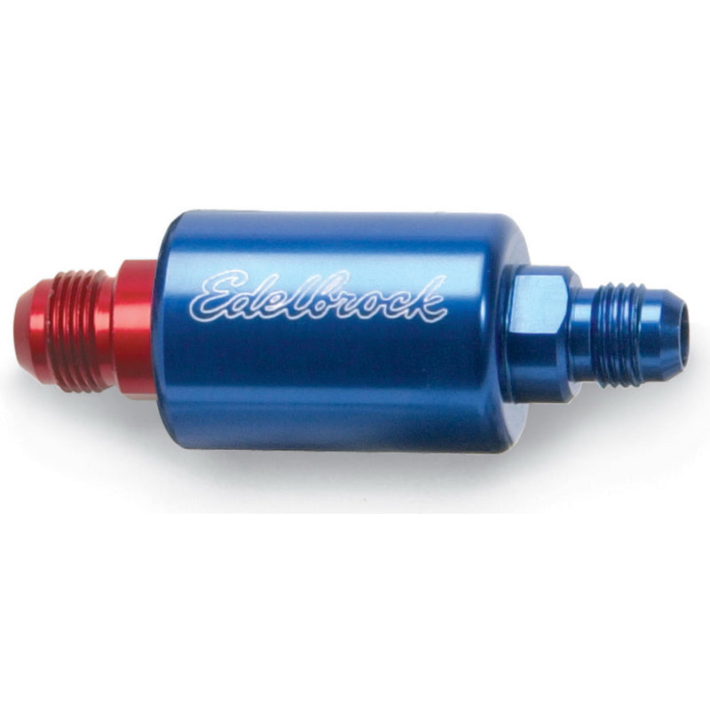 Edelbrock High Flow In-Line Fuel Filter - 40 Micron - Stainless Element - 6 AN Male Inlet - 6 AN Male Outlet - Blue/Red