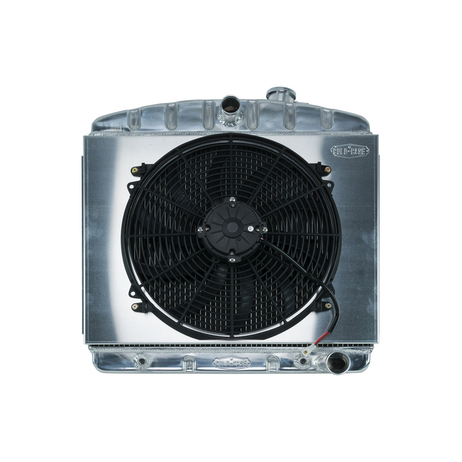 Cold-Case Aluminum Radiator and Fan - 23.5" W x 23.5" H x 3" D - Center Inlet - Passenger Side Outlet - Polished - Chevy V6 - Chevy Fullsize Car 1955-57