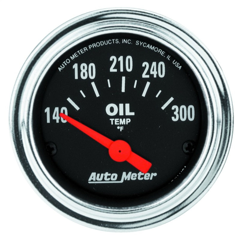 Auto Meter Traditional Chrome 140-300 Degree F Oil Temperature Gauge - Electric - Analog - Short Sweep - 2-1/16 in Diameter - Black Face