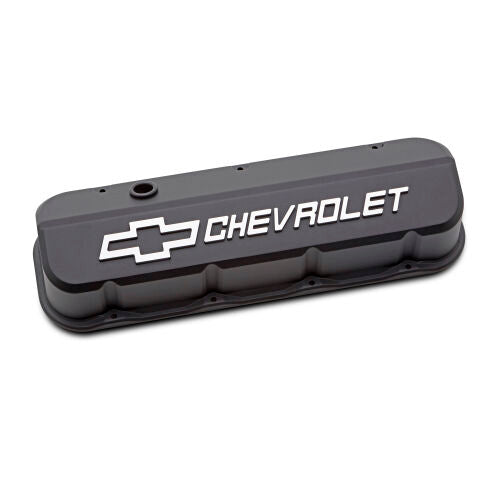 Proform Slant-Edge Tall Valve Cover - Baffled - Breather Hole - Raised Chevrolet Logo - Black Crinkle - Big Block Chevy (Pair)