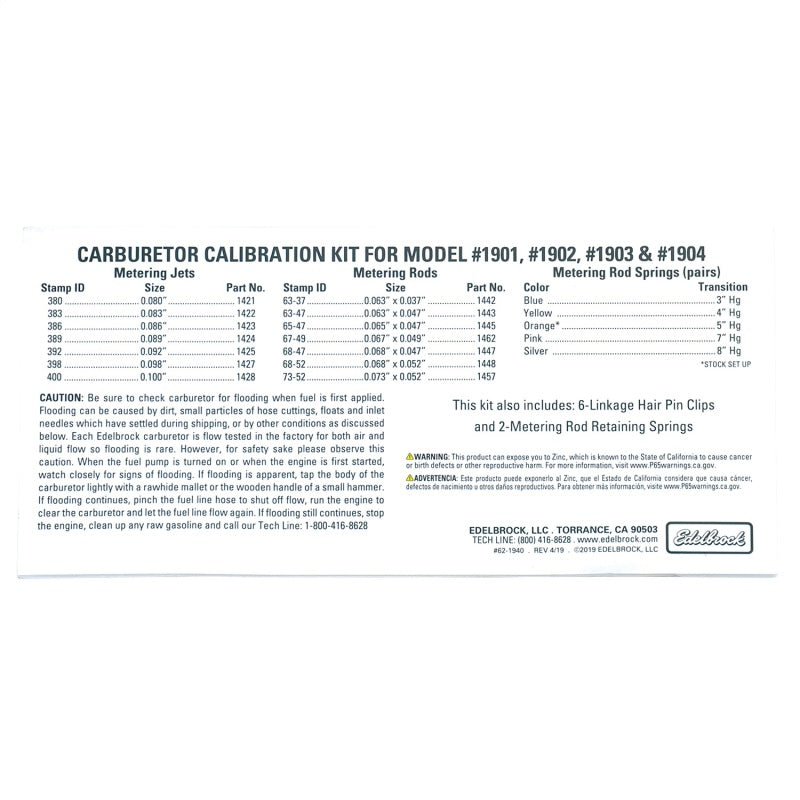 Edelbrock Carburetor Calibration Kit - Edelbrock Performer Carburetors