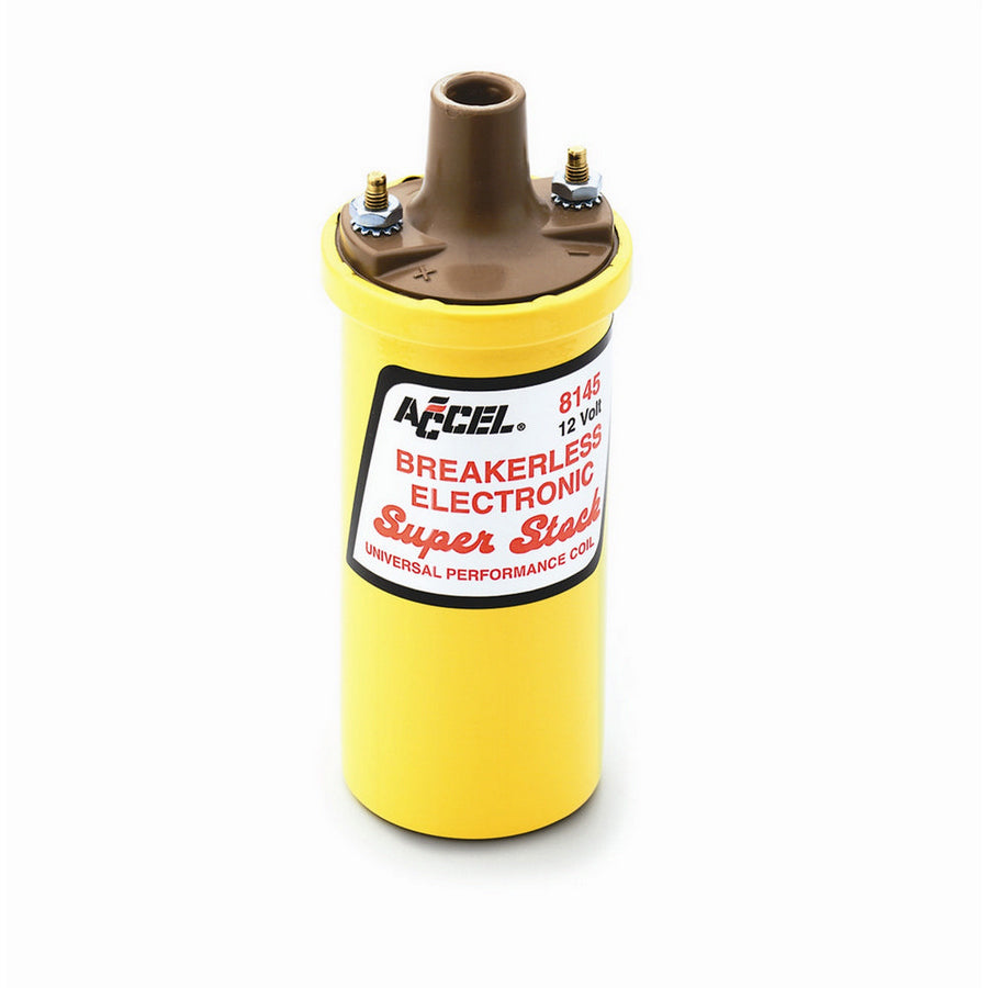 ACCEL Super Stock Canister Ignition Coil - Oil Filled - 0.700 ohm - Female Socket - 45000V - Yellow