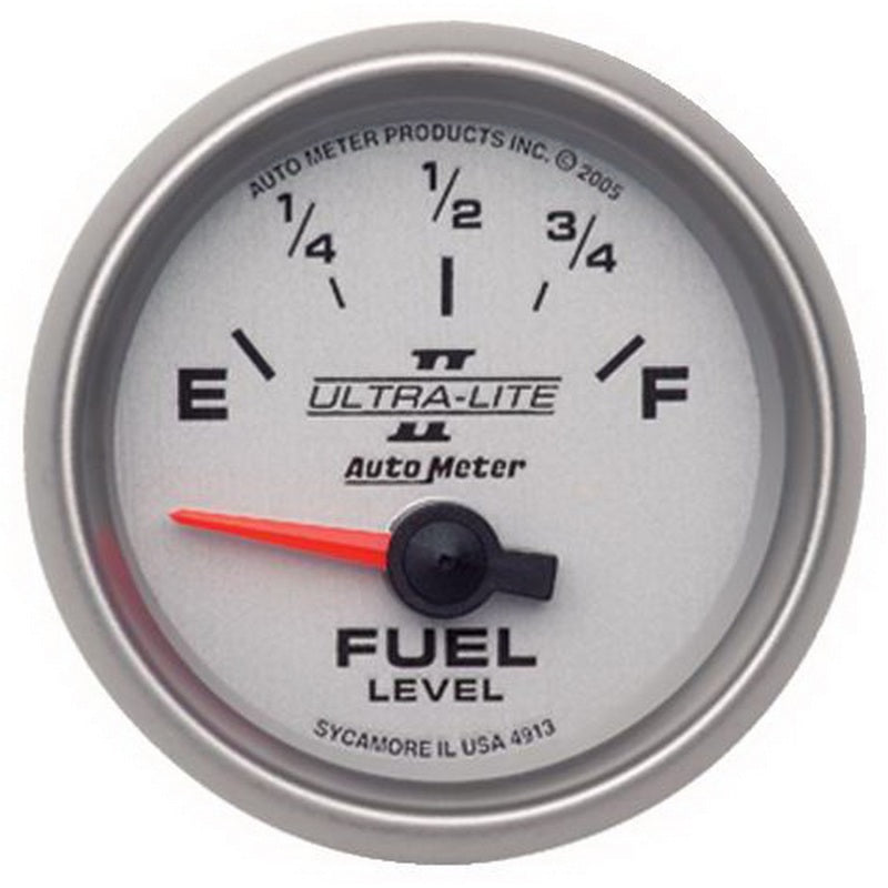 Auto Meter Ultra-Lite II 0-90 ohm Fuel Level Gauge - Electric - Analog - Short Sweep - 2-1/16 in Diameter - Silver Face