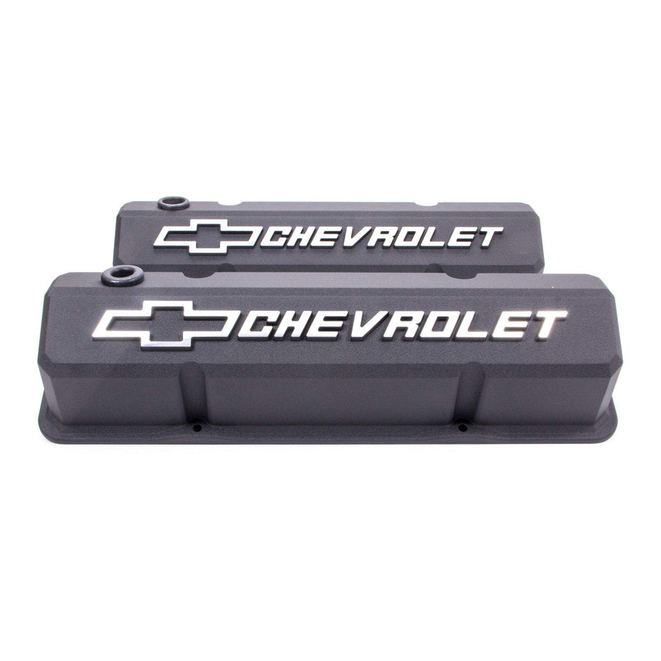 Proform Slant-Edge Tall Valve Cover - Baffled - Breather Hole - Raised Chevrolet Bowtie Logo - Black Crinkle Powder Coat - Small Block Chevy - Pair