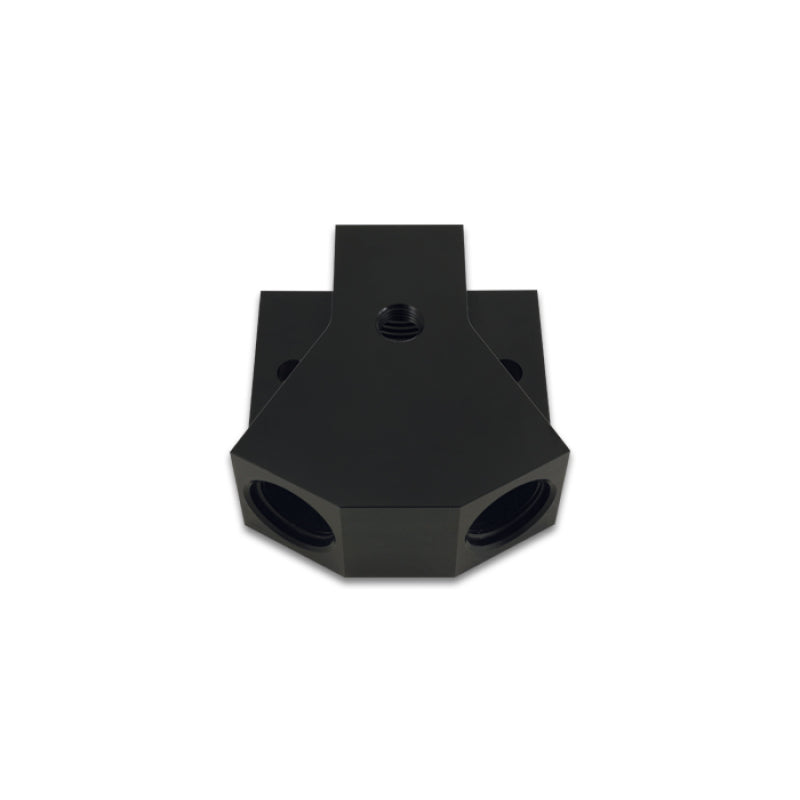 Vibrant Performance Y Block - 8 AN Female Inlet - Dual 8 AN Female Outlets - 1/8 in NPT Female Port - Black