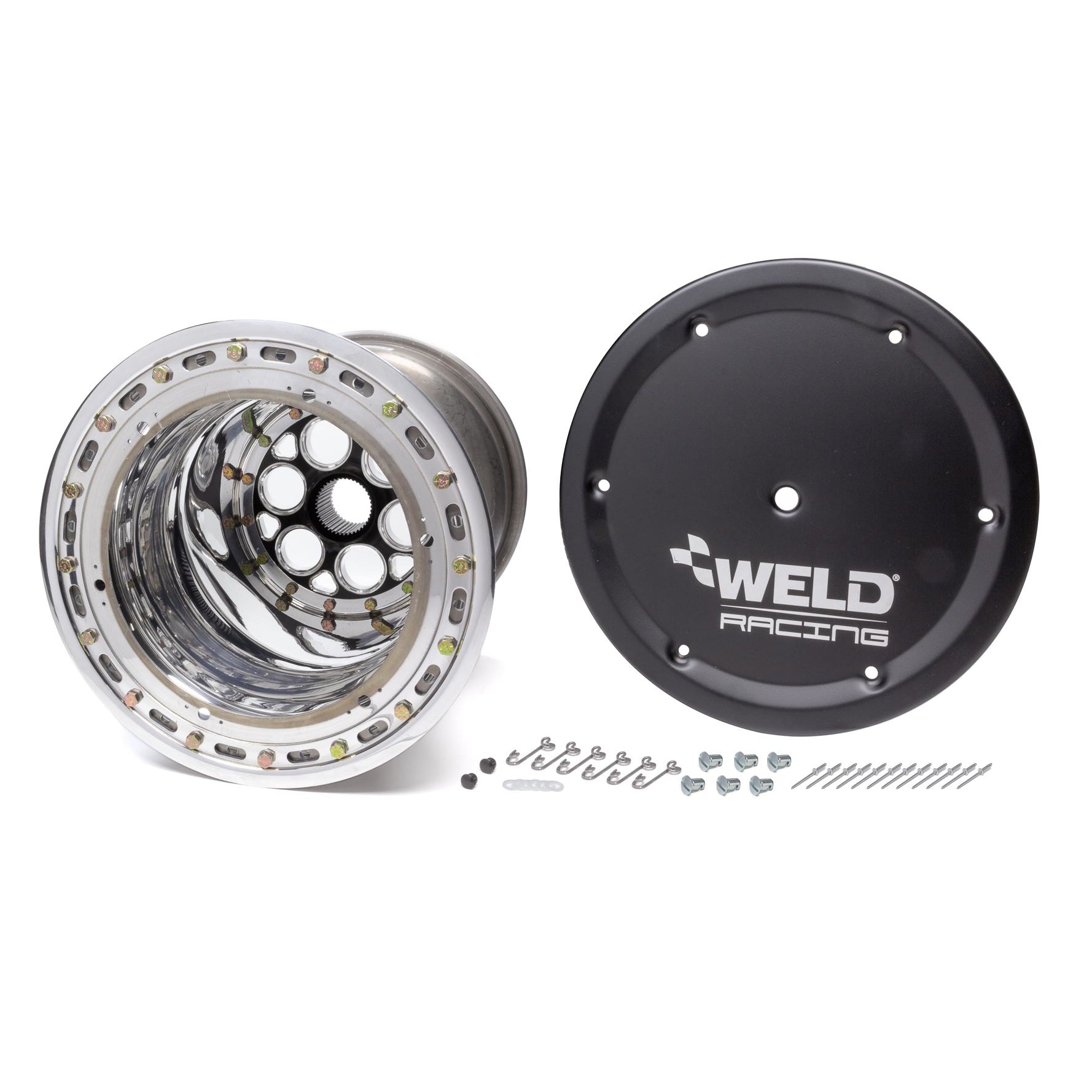 Weld Magnum Sprint Spline Wheel - 15" x 18" - 42 Spline - 4" Back Spacing - Polished - Black Center - Outer Bead-Loc w/ Cover