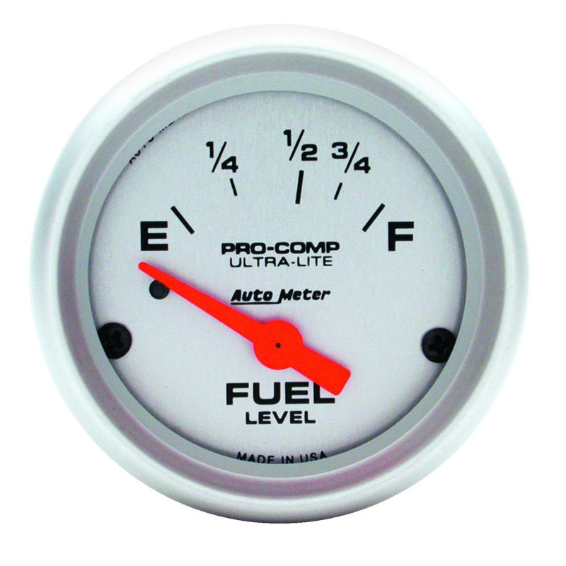 Auto Meter Ultra-Lite 73-10 ohm Fuel Level Gauge - Electric - Analog - Short Sweep - 2-1/16 in Diameter - Silver Face