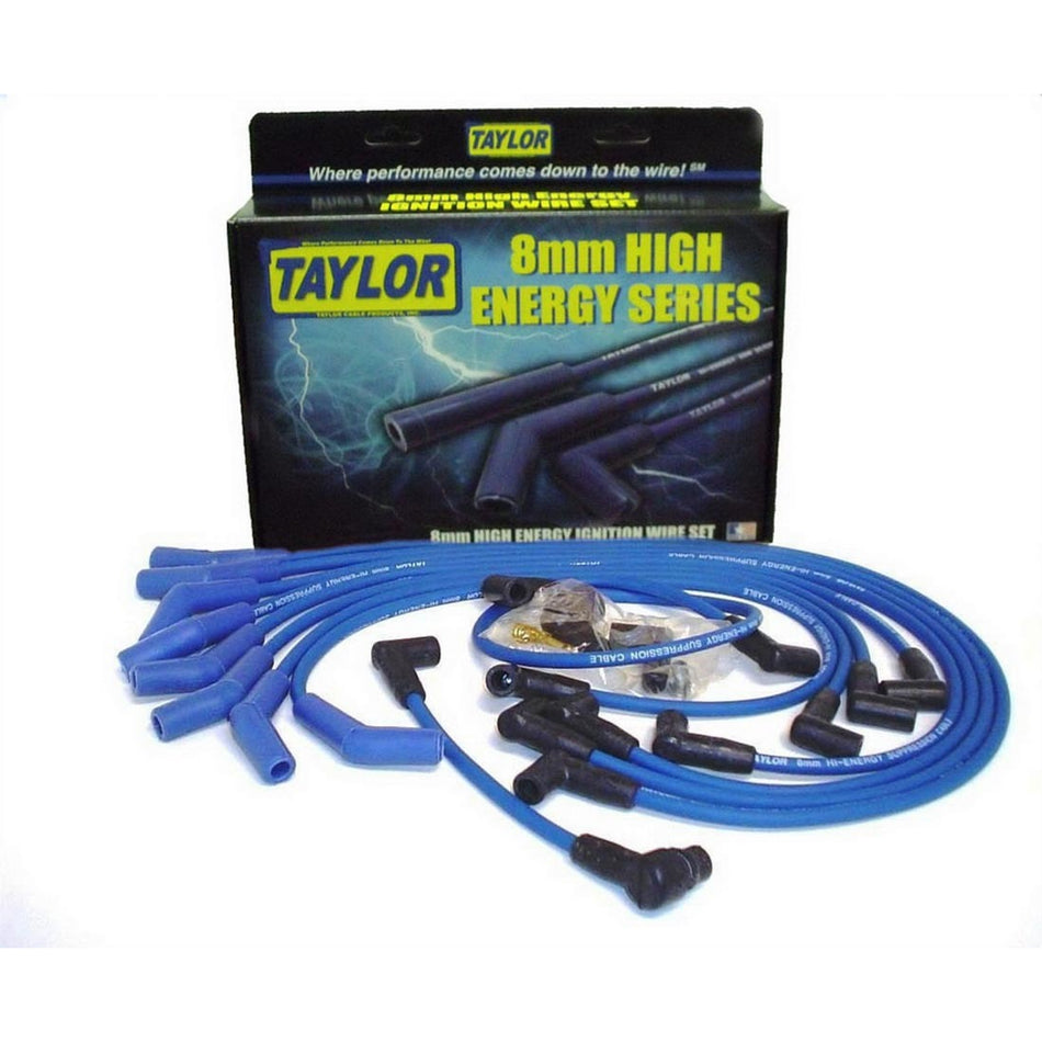 Taylor High Energy Spiral Core 8 mm Spark Plug Wire Set - Blue - 135 Degree Plug Boots - HEI Style Terminal - Small Block Ford