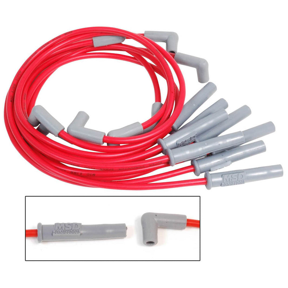 MSD Super Conductor Spiral Core 8.5 mm Spark Plug Wire Set - Red - Straight Plug Boots - HEI Style Terminal - Ford Cleveland / Modified
